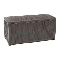 Discount 99 Gallon Wicker Horizontal Outdoor Deck Box with Hinged Lid, Water-Resistant Storage Solution for Patio