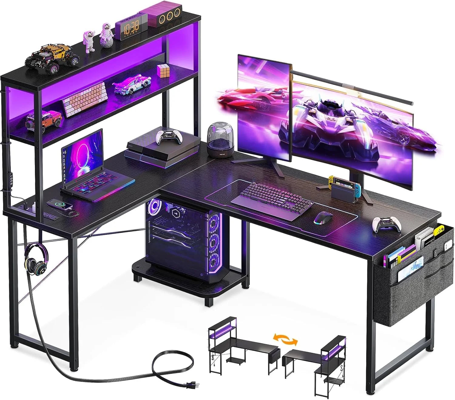 Discount L Shaped Desk Gaming Desk with LED Light & Power Outlet, 53 Inch Black Reversible L Shaped Computer Table - Image 3