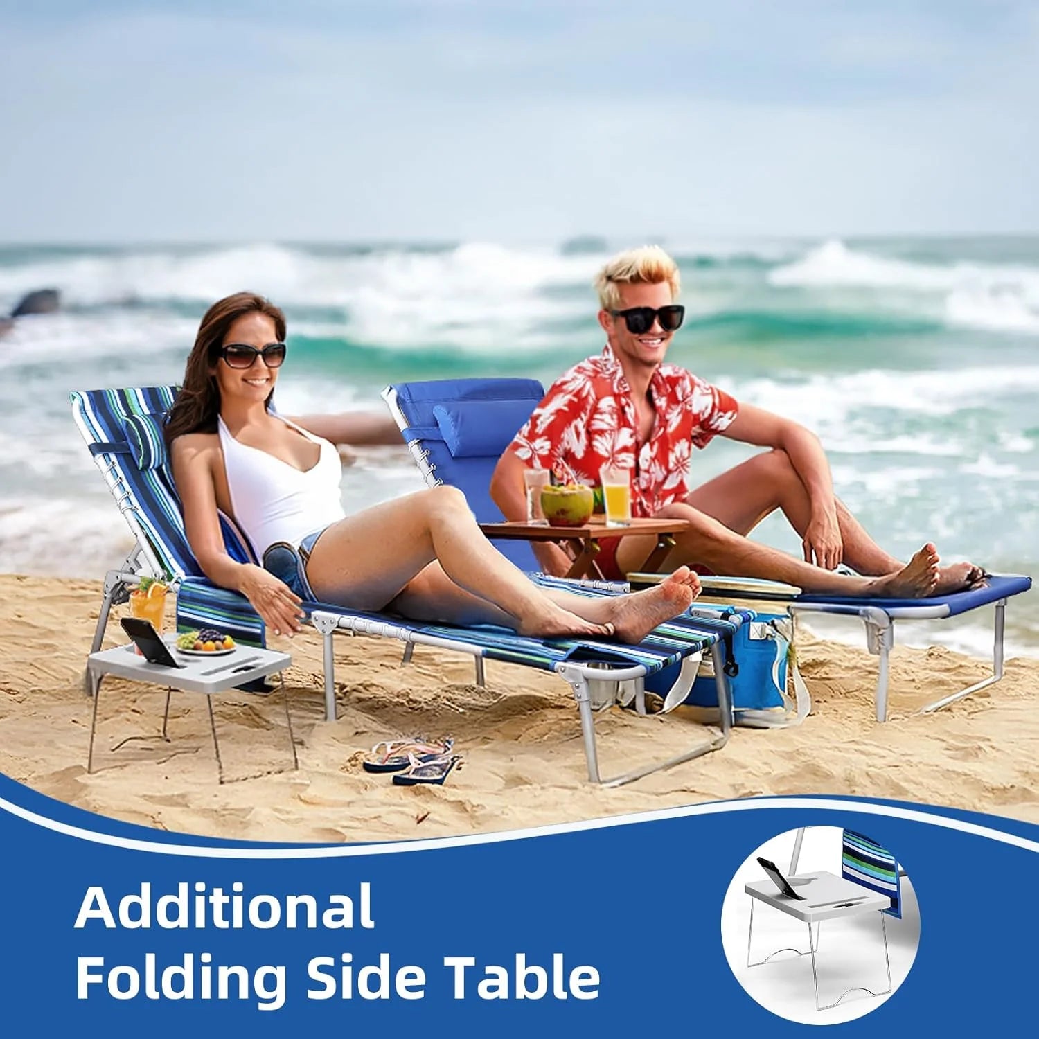 Lumi Discount Beach Chair Face Holes, Lounge Chair Outdoor with Folding Side Table, 5-Position Recliner, Max 330lbs - Image 6