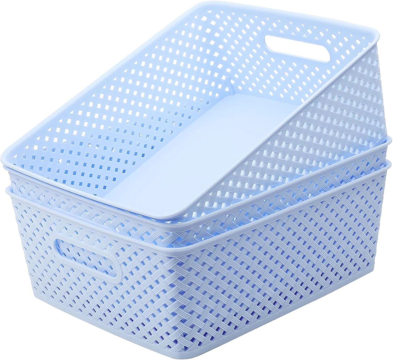 Discount 3 Pack Plastic Storage Baskets, Large, White, Durable Woven Plastic with Built-In Handles