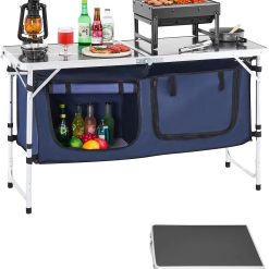 Lumi Discount Camping Kitchen Station, 3 Adjustable Height Folding Outdoor Camp Cooking Table with Storage Organizer