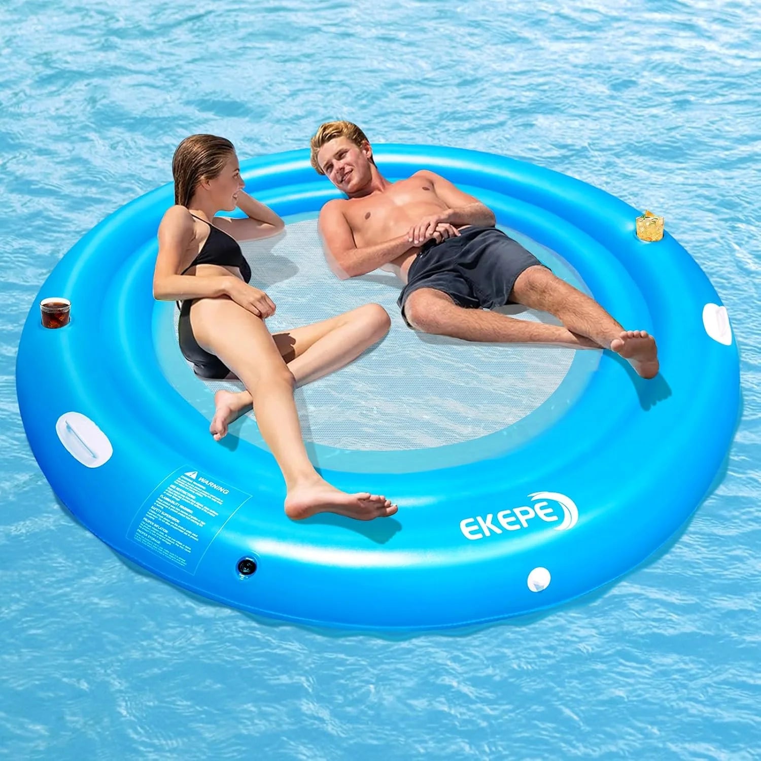 Lumi Discount Round Inflatable Water Hammock, 7ft Heavy Duty Tanning Pool Lounger Sunchill Float Ring