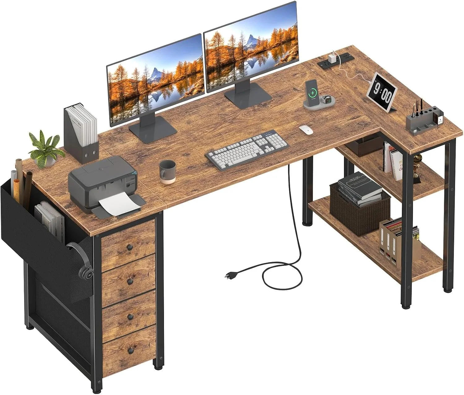 Discount Lufeiya White L Shaped Computer Desk with Drawers & Storage Shelves, 47 Inch Corner Reversible Desk with Power Outlet - Image 7