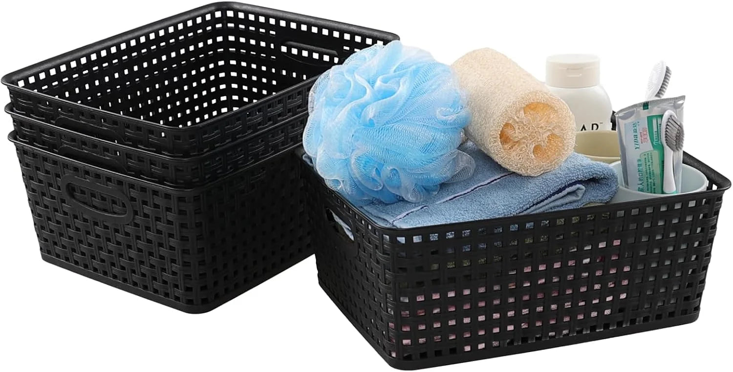 Discount Weave Storage Baskets, Plastic Shelf Basket Bins, Black, 4 Packs - Image 2