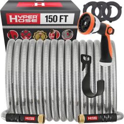 Lumi Discount Best 100 ft Metal Garden Hose Set, No-Kink Durable 316 Stainless Steel, 10-Way Zync Spray Nozzle & Hook