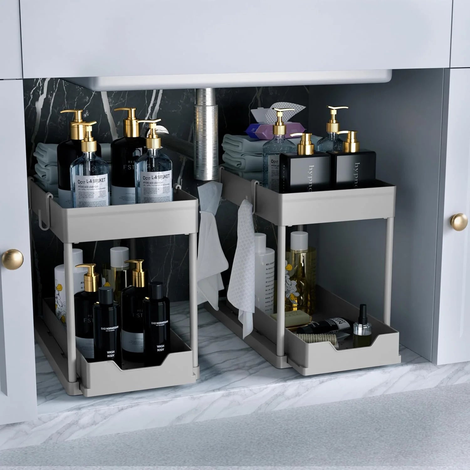 Discount Sink Organizer 2 Pack, Bathroom Cabinet Organizer, 2 Tier Sliding Cabinet Basket Organizer Drawer, Baskets - Image 3