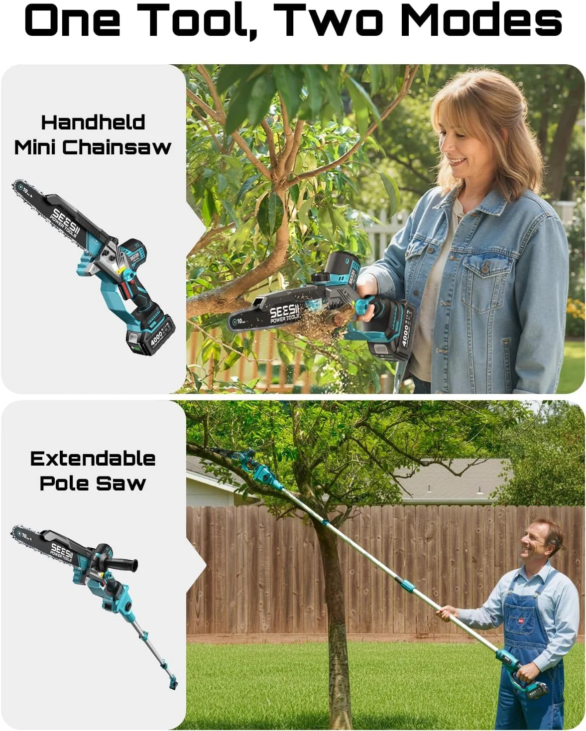 Discount SEESII 10-Inch 2-in-1 Cordless Pole Saw & Mini Chainsaw,2 x 4.0Ah Batteries - Image 2