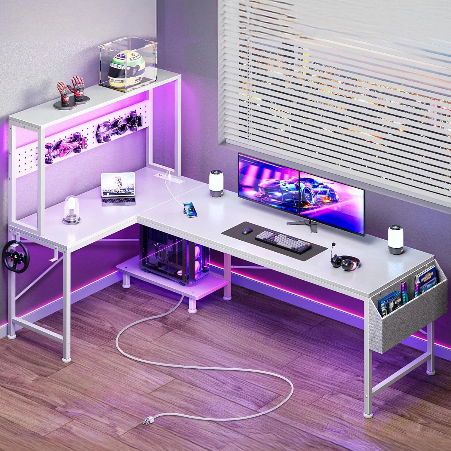 Discount L Shaped Gaming Desk with LED Lights & Power Outlets, Reversible Computer Desk with Storage Shelves & Bag - Image 3