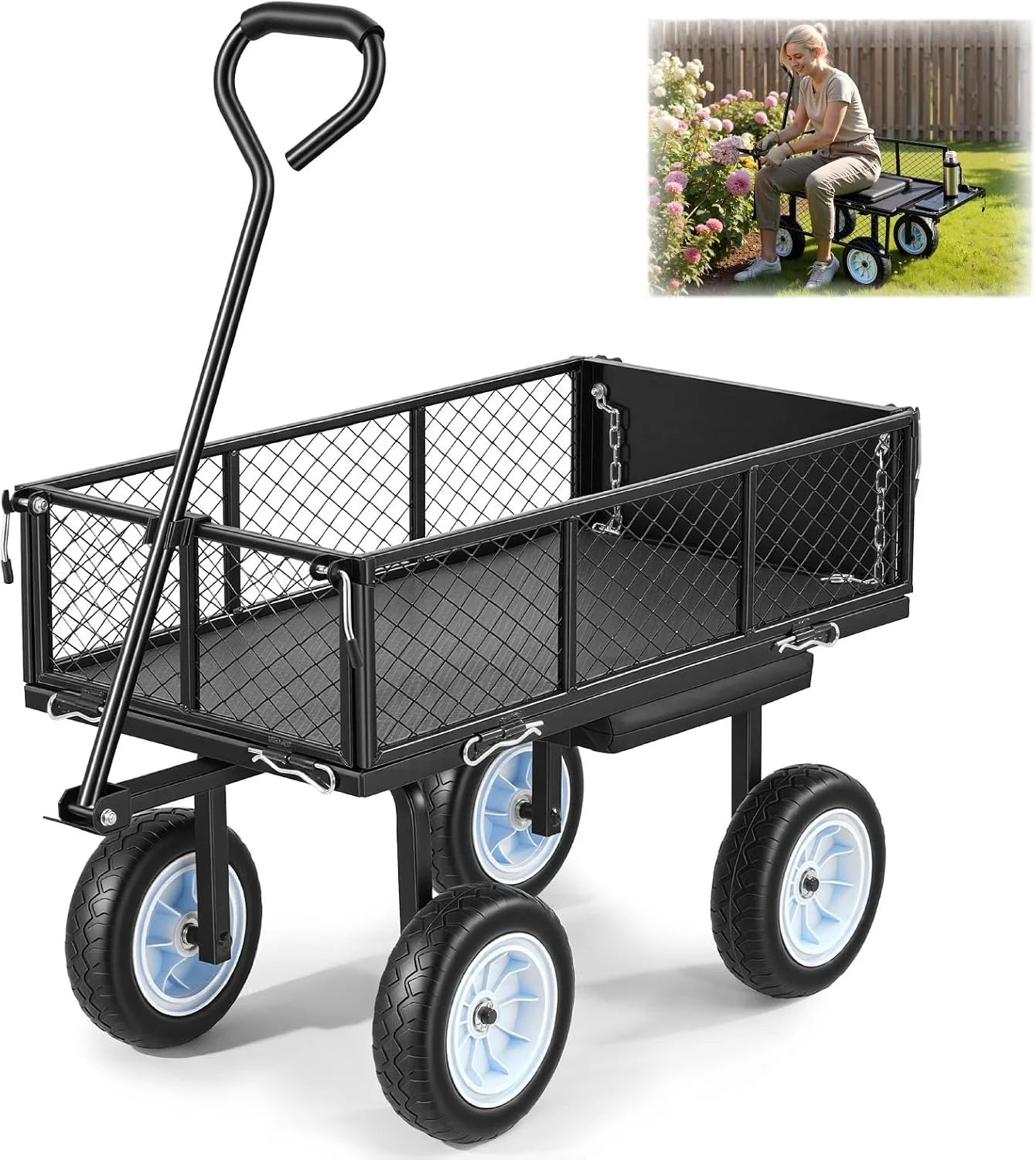 Discount VEVOR 500 LBS Steel Garden Cart with Work Seat, Heavy Duty Garden Wagon Cart on Wheels - Image 2