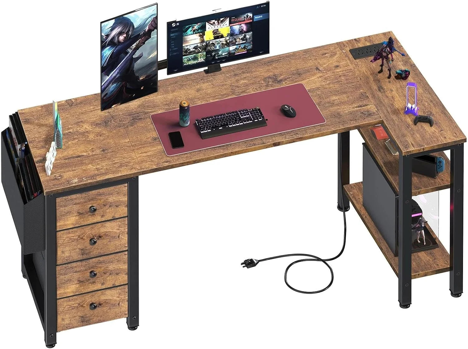 Discount Lufeiya White L Shaped Computer Desk with Drawers & Storage Shelves, 47 Inch Corner Reversible Desk with Power Outlet - Image 4