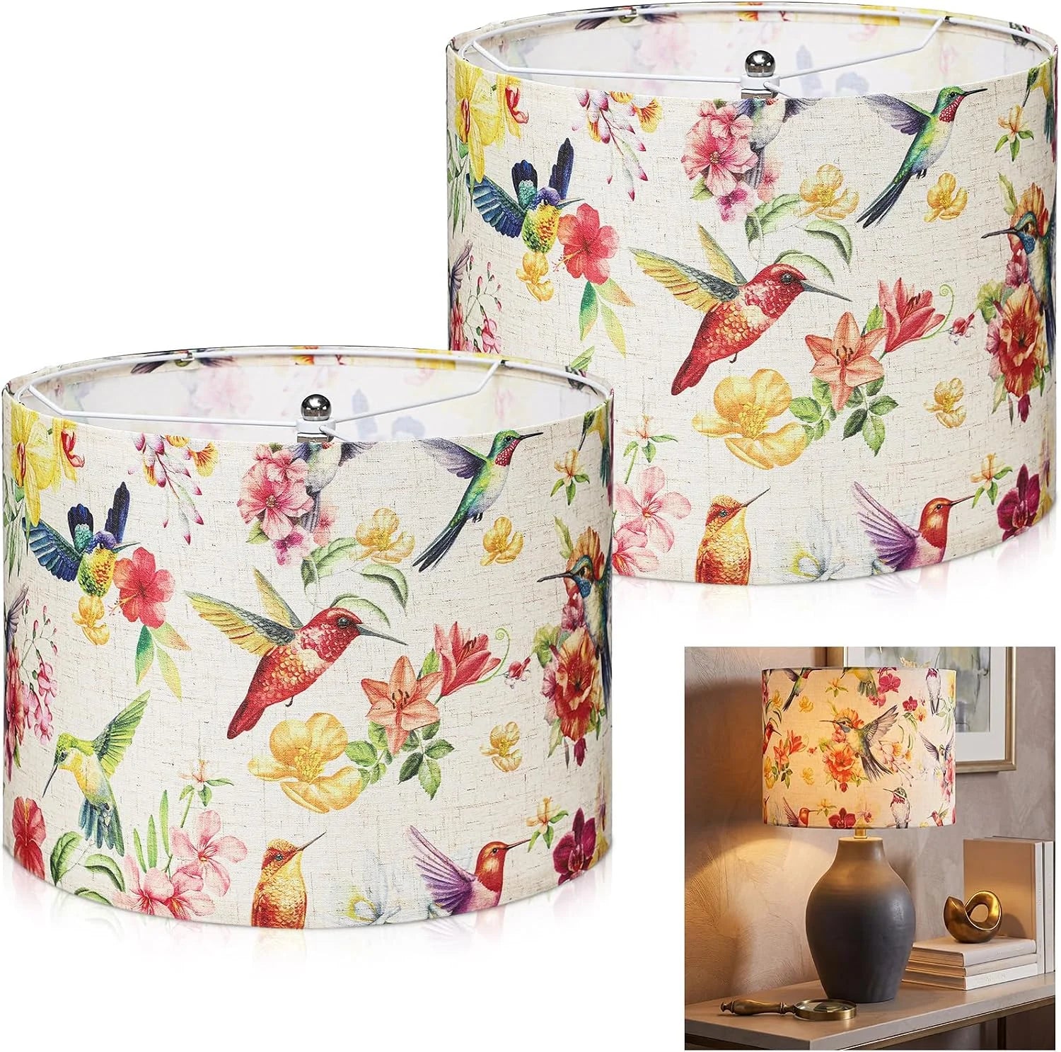 Discount 2 Pack Chinoiserie Drum Lamp Shade 13 x 13 x 10 Inch Cream Linen Lampshade with Exquisite Bird Floral Lining - Image 2