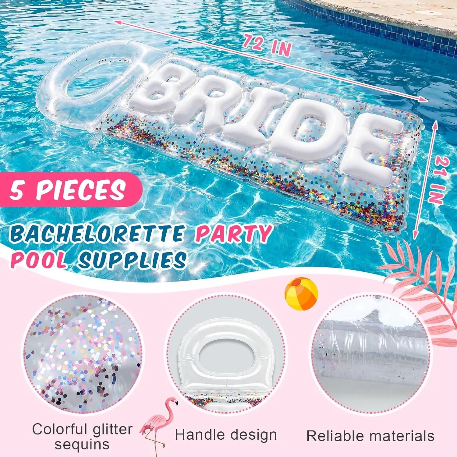 Lumi Discount 5 Pcs Bachelorette Pool Floats Set, Bride Pool Party Decor: 72 Glitter Bride Raft Lounger & 4 Heart Swim Rings - Image 2