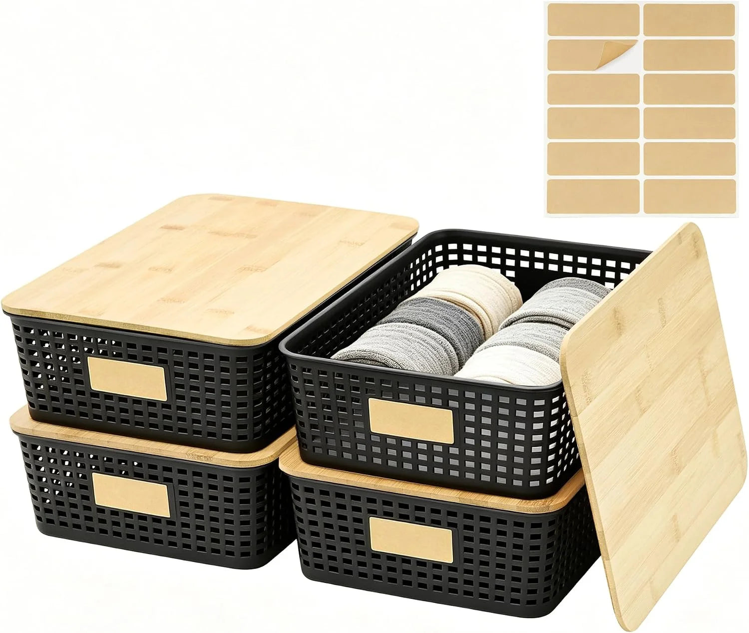 Discount Small Plastic Storage Bins with Bamboo Lids 5.2qt Stackable Box Basket Pantry Decorative Containers Cute - Image 5