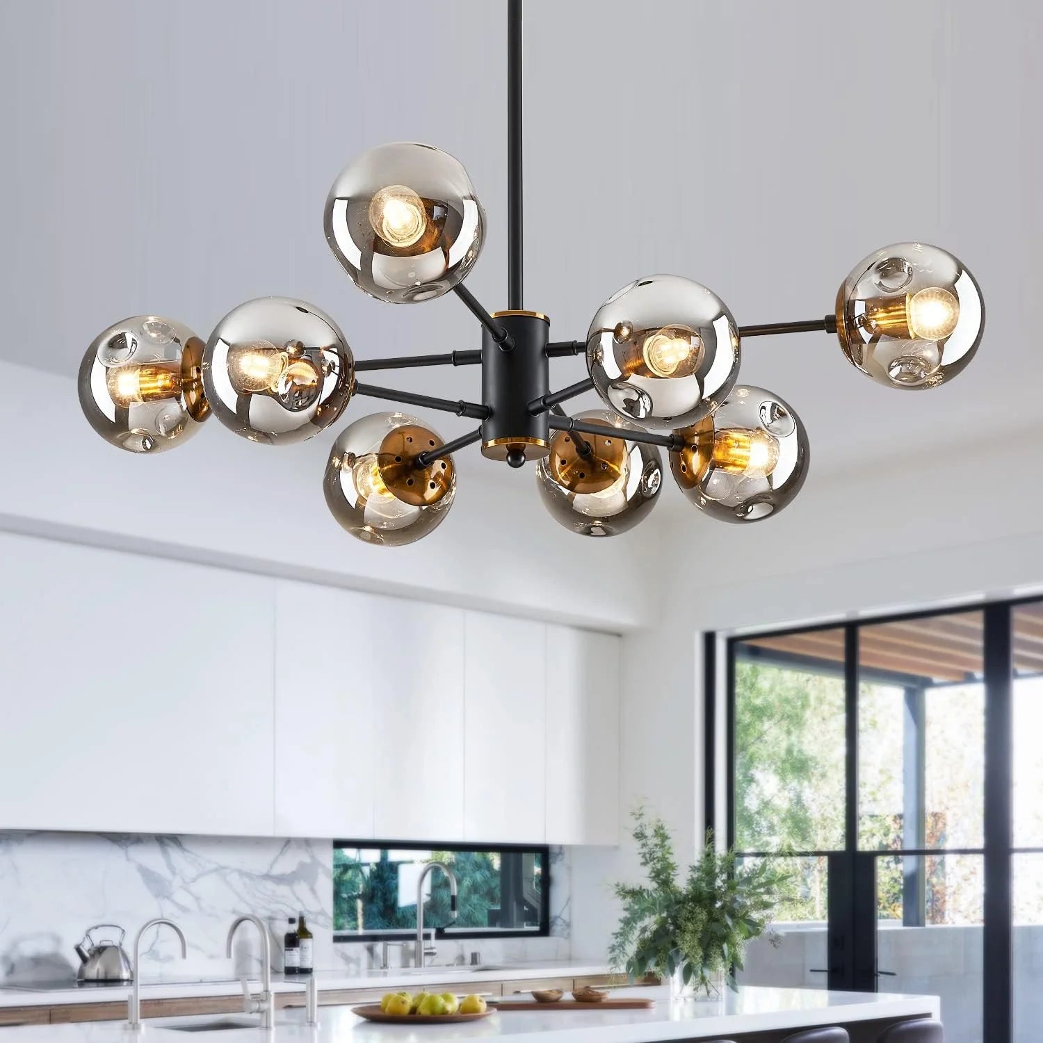 Discount 6-Light Glass Globe Sputnik Chandelier Modern Matte Black and Gold Ceiling Light Fixture Vintage Hanging - Image 9