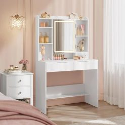 Discount VASAGLE KAILYN Collection, Vanity Desk with Mirror and 9 LED Bulbs, Dressing Table with 9 Drawers