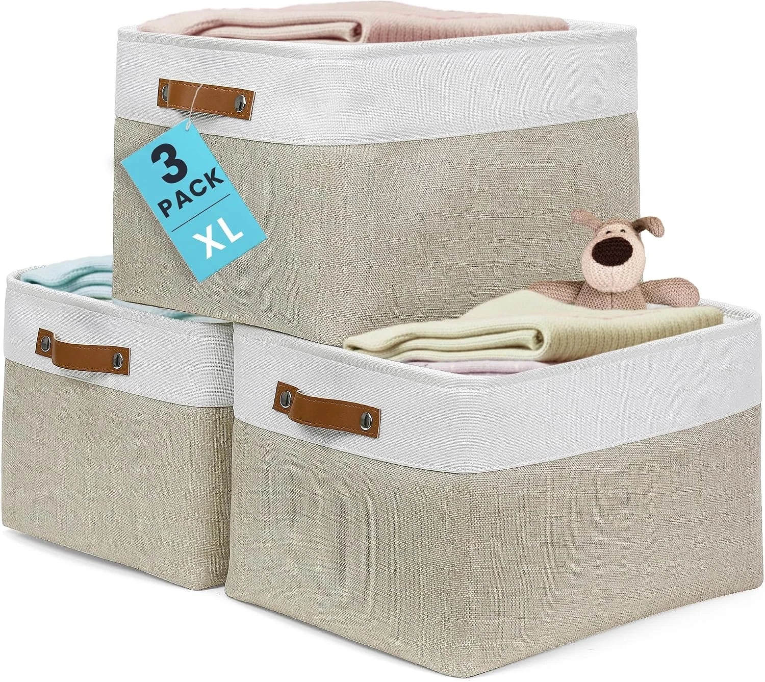 Discount Baskets 3 Pack, Fabric Bins for Shelves, Vegan leather handles - Image 21