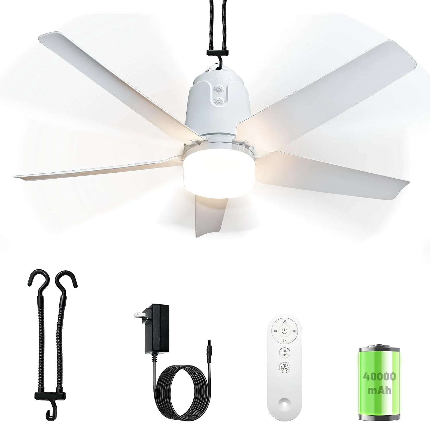 Lumi Discount Outdoor Ceiling Fan Light 31.5" 40000mAh Large Portable Ceiling Fan With Remote and Hanging Hook, 4 Wind Speeds