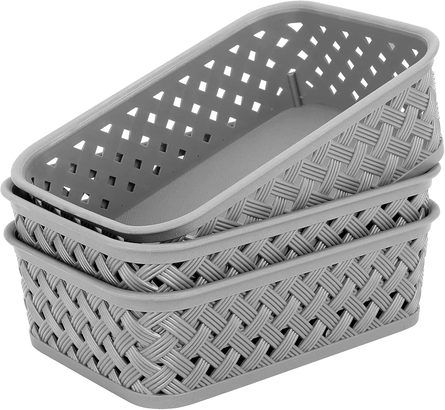 Discount 3 Pack Plastic Storage Baskets, Large, White, Durable Woven Plastic with Built-In Handles - Image 4