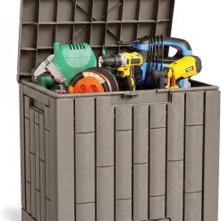 Lumi Discount OAK Outdoor Storage Box, 31 Gallon Deck Box Indoor and Outdoor Use, Waterproof Resin Storage Bin for Package Delivery