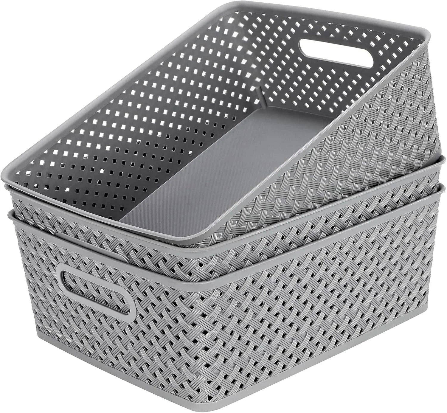 Discount 3 Pack Plastic Storage Baskets, Large, White, Durable Woven Plastic with Built-In Handles - Image 3