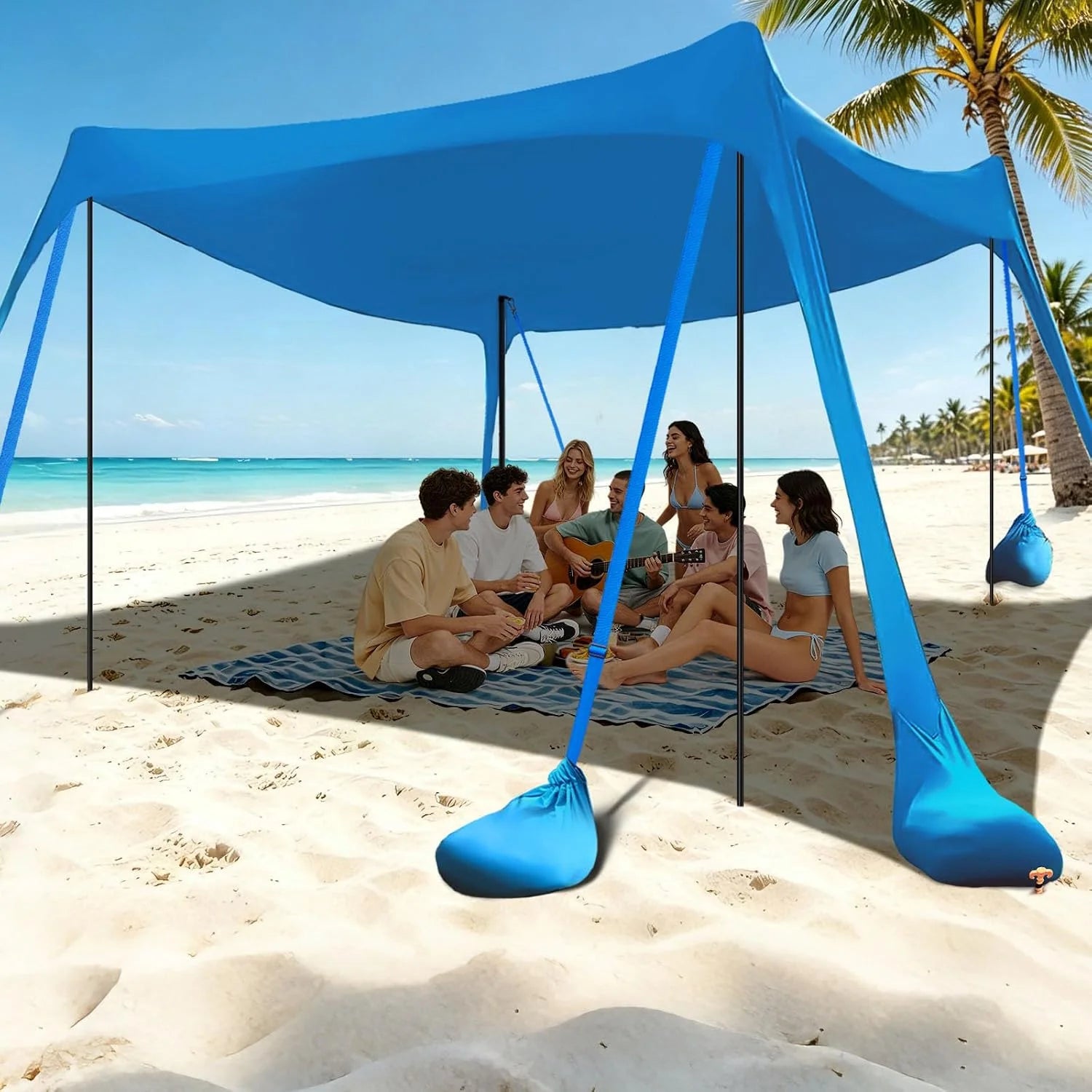 Lumi Discount Beach Tent Sun Shelter 10x10FT Beach Shade Canopy with 8 Sandbags, UPF 50+ Protection Beach Shade Canopy