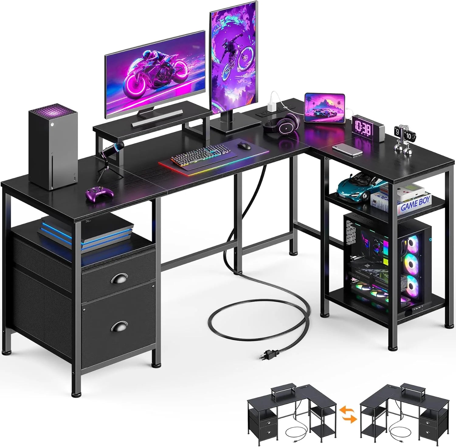 Discount Furologee 66" L Shaped Desk with Power Outlet, Reversible Home Office Desk with File Drawer, 2 Monitor Stands - Image 5