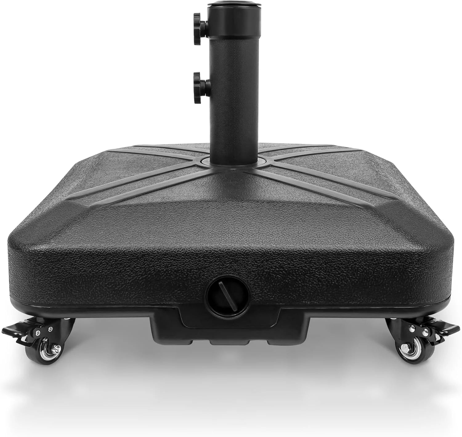 Discount RAOKUKH Patio Umbrella Base Heavy Duty with Wheels Square Market Stand for Outdoor 4 Locks 2 Knobs 125lb Capacity, Black