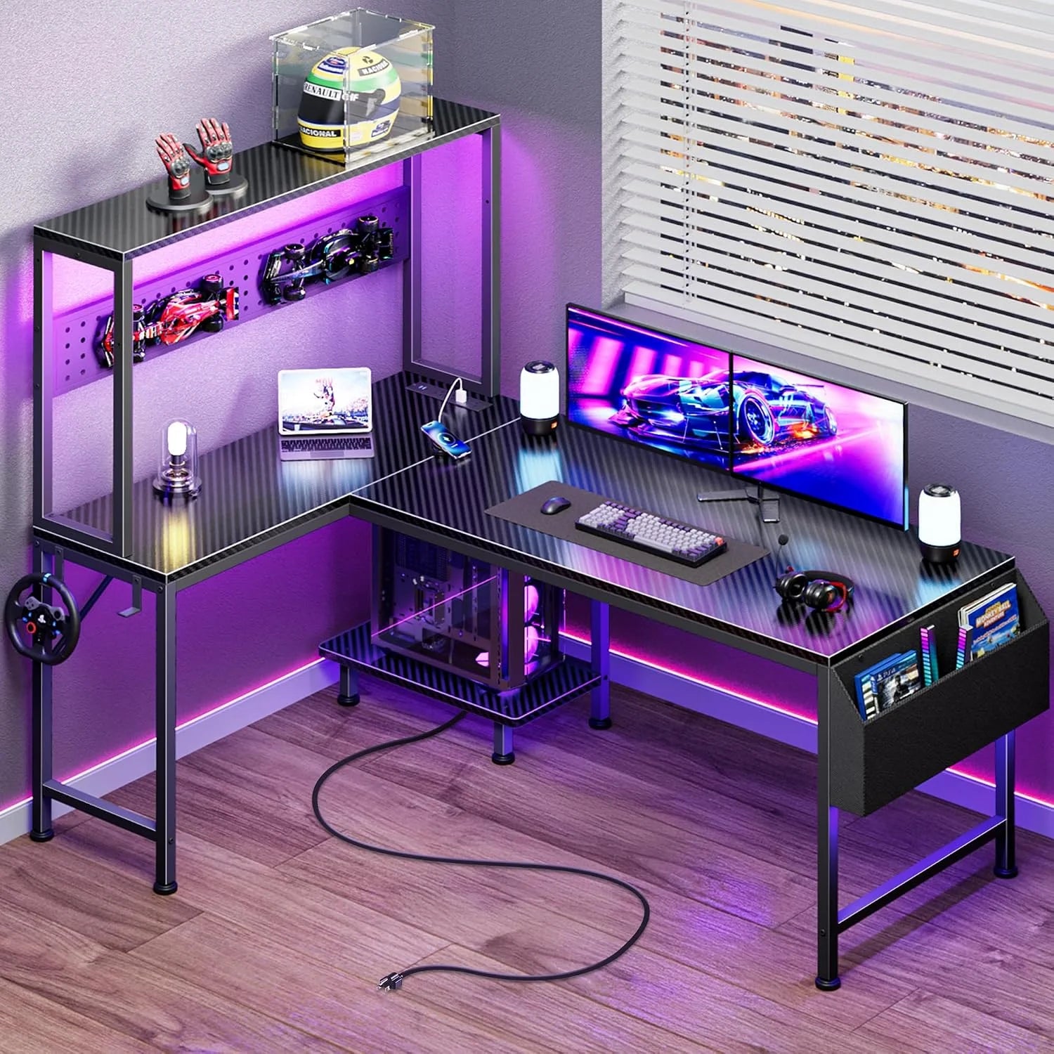 Discount L Shaped Gaming Desk with LED Lights & Power Outlets, Reversible Computer Desk with Storage Shelves & Bag - Image 10