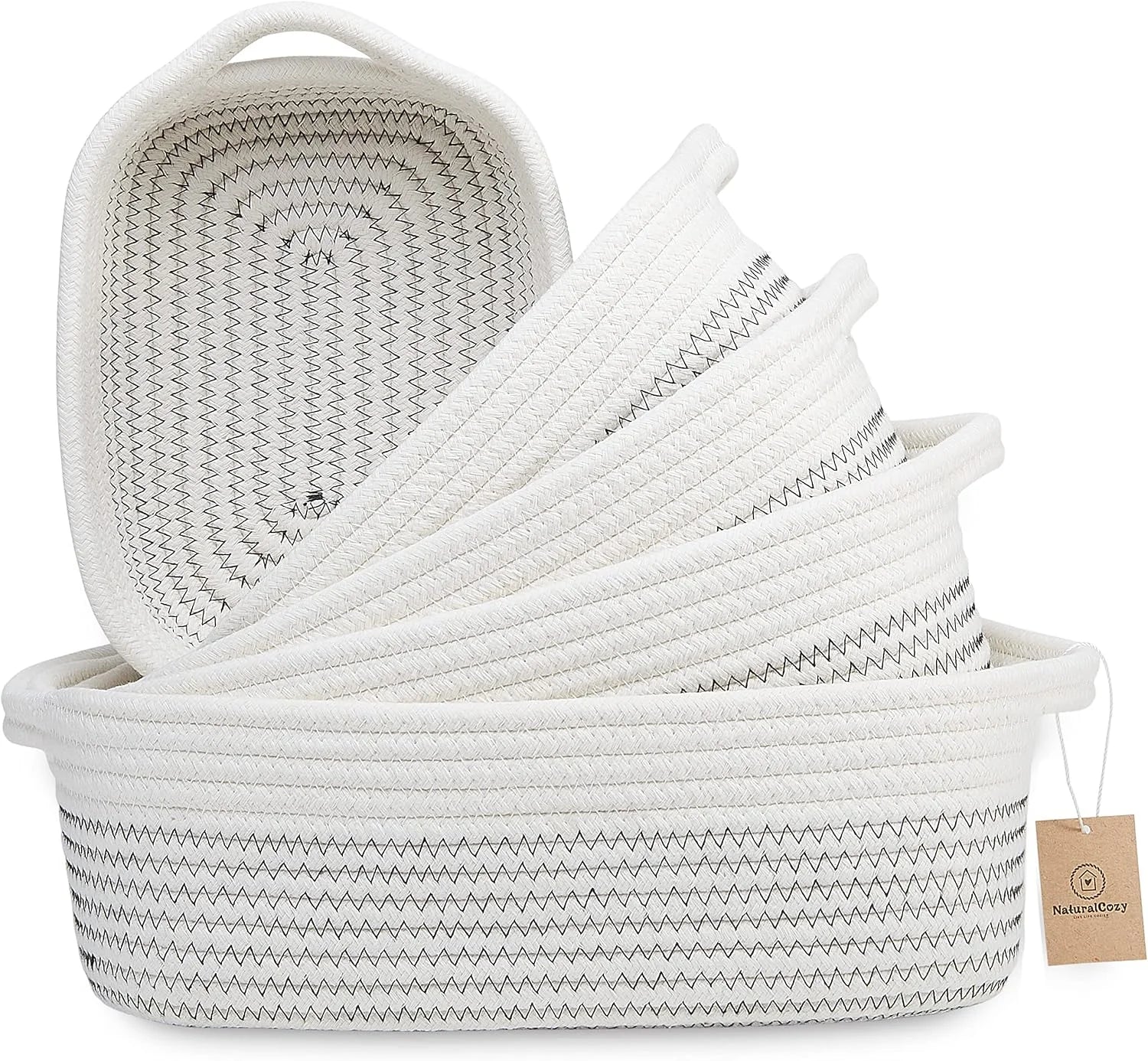 Discount 5-Piece Rectangle Storage Basket Set- Natural Cotton Rope Woven for Organizing! Small Basket - Image 2
