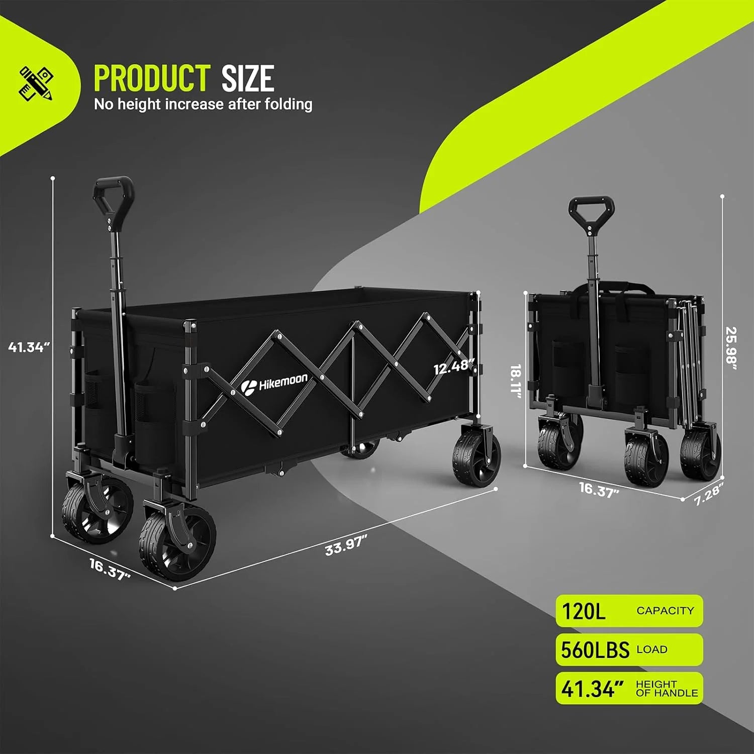 Discount HIKEMOON 34" Extra Long Folding Wagon Wide Wheels, 120L 360LBS Black