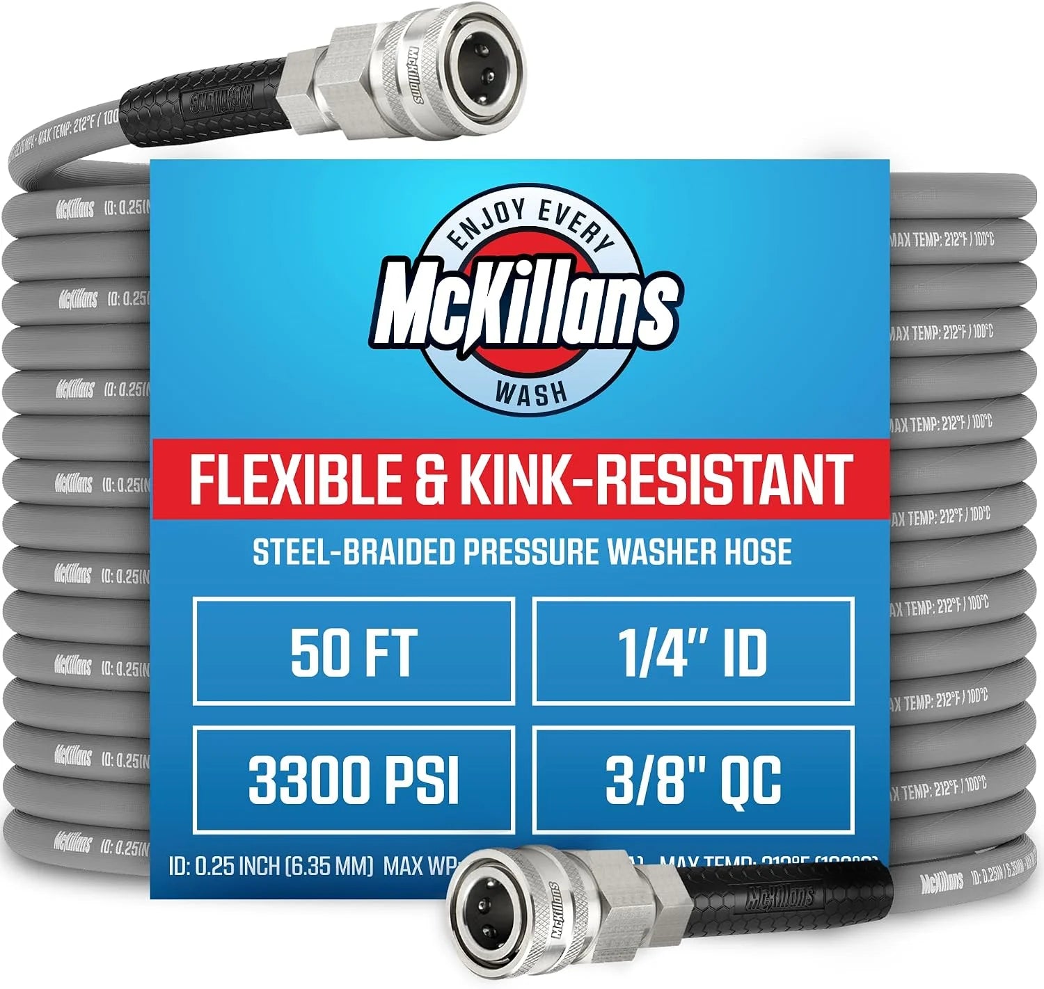 Lumi Discount QC Installed Pressure Washer Hose 50 ft, Flexible & Kink-resistant, Steel-Braided & Durable- 3/8 QC