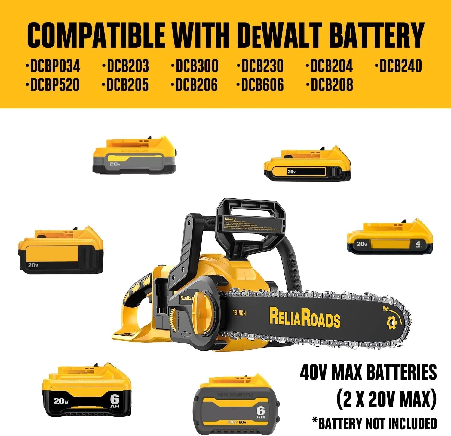 Lumi Discount ReliaRoads 16-Inch Brushless Chainsaw, 40V (2 x 20V MAX) Cordless Battery Powered Chain Saw Kit (Includes 2 Chains) Compatible DeWALT Battery - Image 3