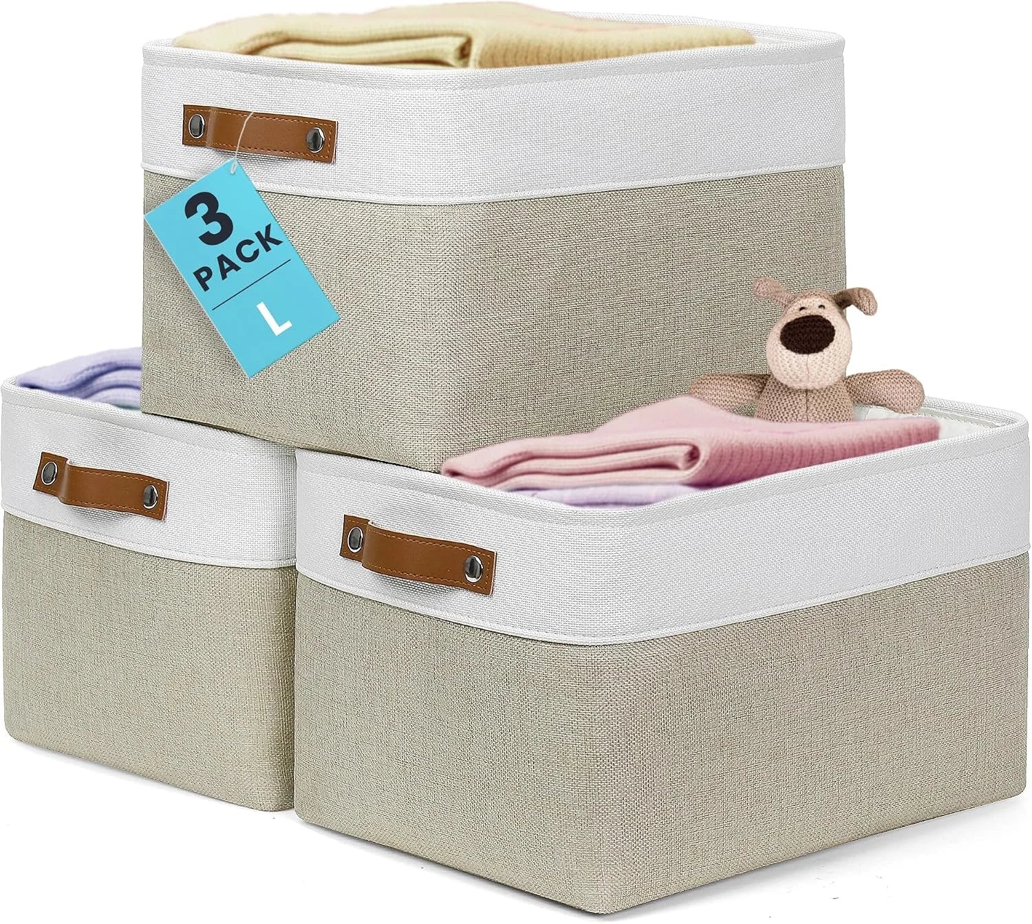 Discount Baskets 3 Pack, Fabric Bins for Shelves, Vegan leather handles