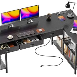 Alternative view of Discount 55 Inch L Shaped Office Desk with Power Outlets and Type-C Port, Large Computer Gaming Desk with 3 Fabric