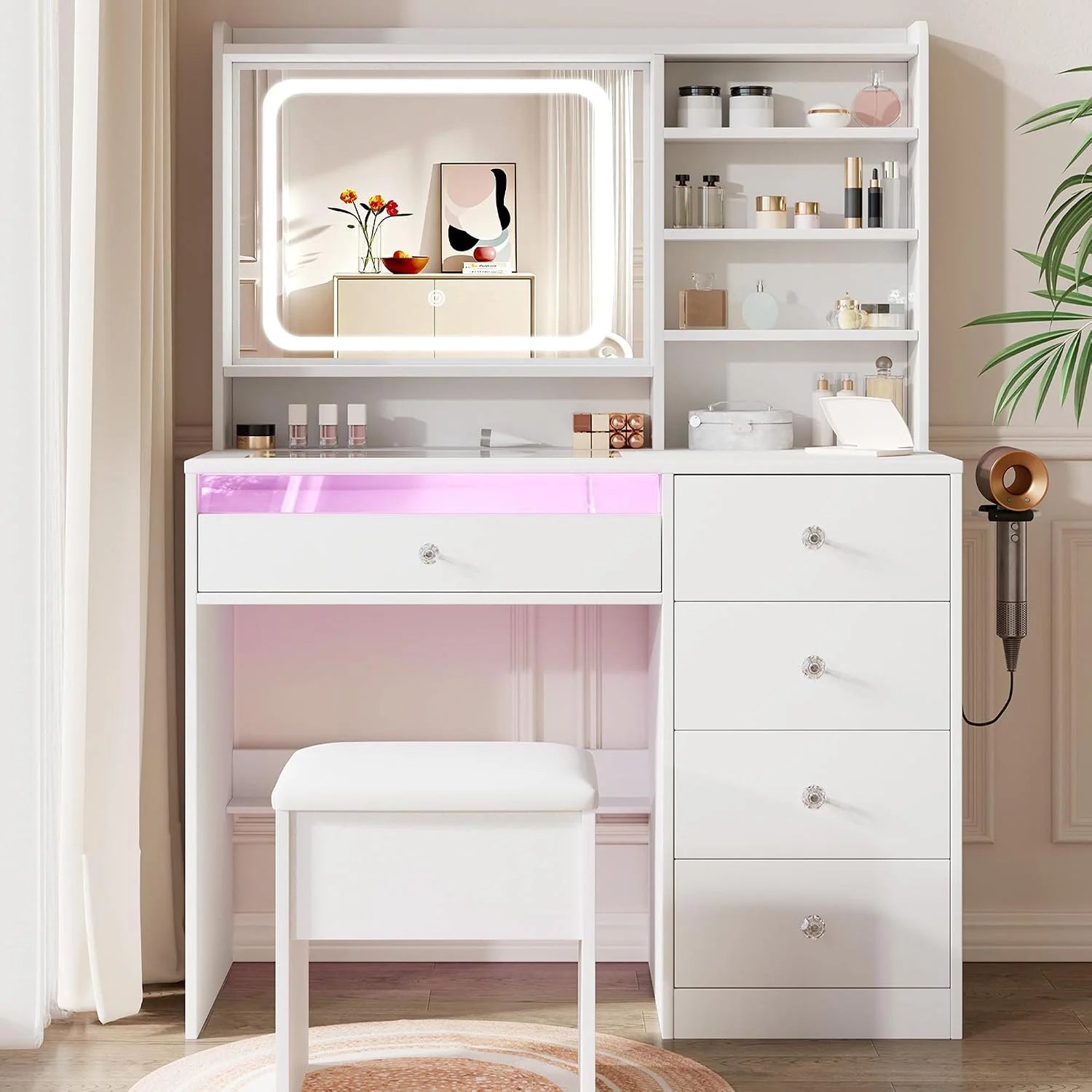 Discount White Makeup Vanity Desk with Charging Station & 4 Drawers, Smart LED Mirror