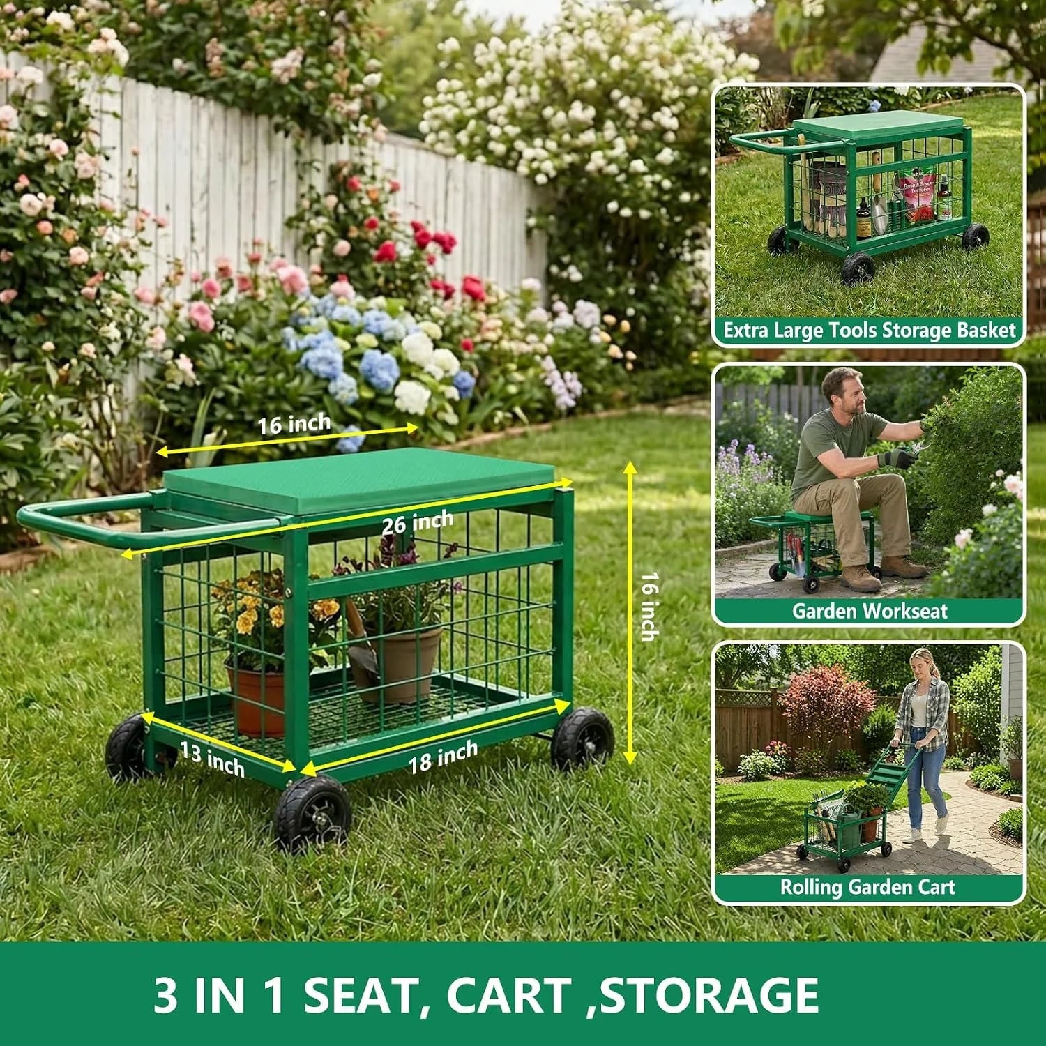 Lumi Discount Garden Seat with Wheels, Rolling Garden Stool Heavy Duty Gardening Cart with Seat and 20 Quart Storage Space for Patio - Image 3