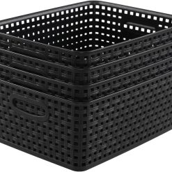 Discount Weave Storage Baskets, Plastic Shelf Basket Bins, Black, 4 Packs