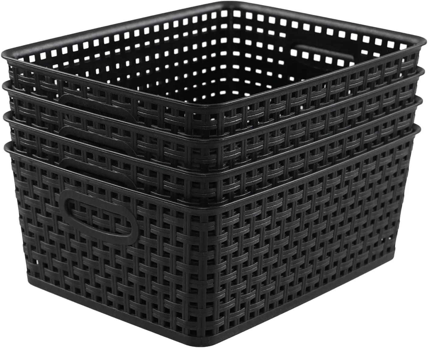 Discount Weave Storage Baskets, Plastic Shelf Basket Bins, Black, 4 Packs