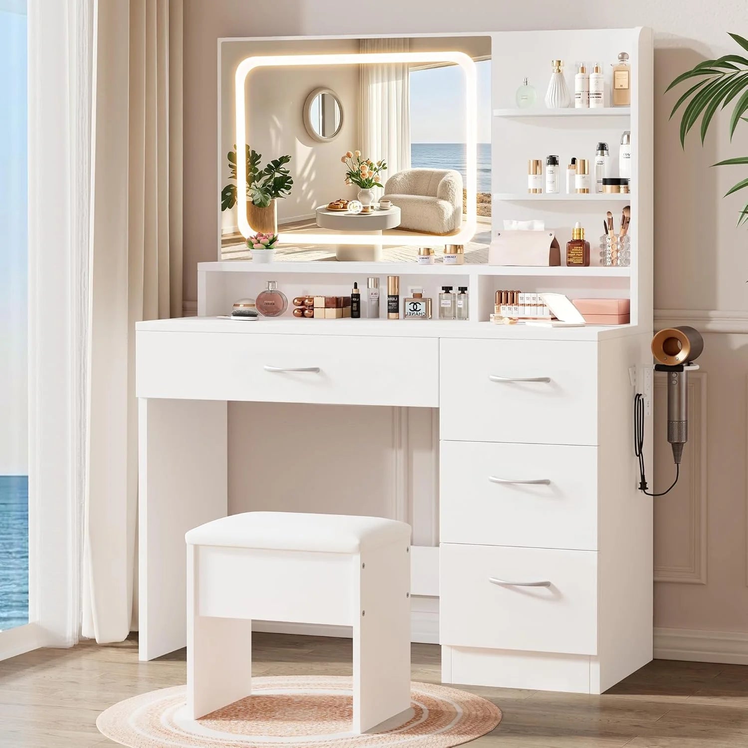 Discount White Makeup Vanity Desk with Charging Station & 4 Drawers, Smart LED Mirror - Image 4