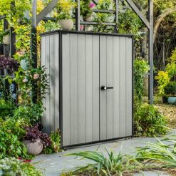 Lumi Discount Premier Tall 4.6x5.6 ft Resin Outdoor Storage Shed, Backyard Garden Shed with Shelving Brackets for Tools