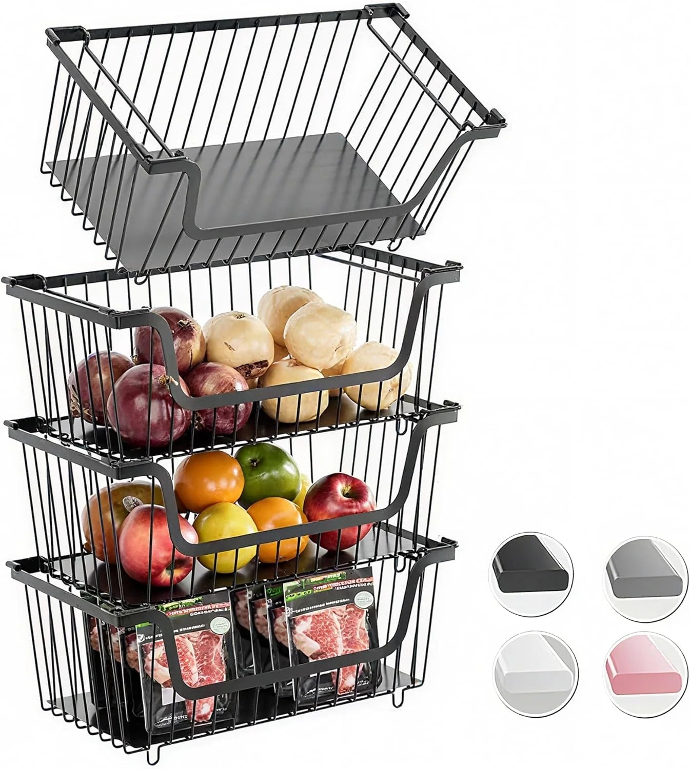 Discount Stackable Wire Baskets Pantry Organizers and Storage Bins, Black, Breathable Metal Design with Rotating - Image 2