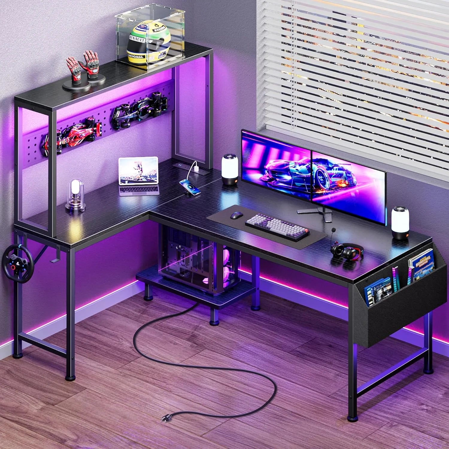 Discount L Shaped Gaming Desk with LED Lights & Power Outlets, Reversible Computer Desk with Storage Shelves & Bag