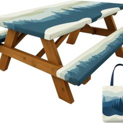 Lumi Discount Premium Vinyl Fitted Picnic Table Cover with Bench Covers & Bag, Outdoor Waterproof & Windproof Durable Tablecloth with Elastic Edges