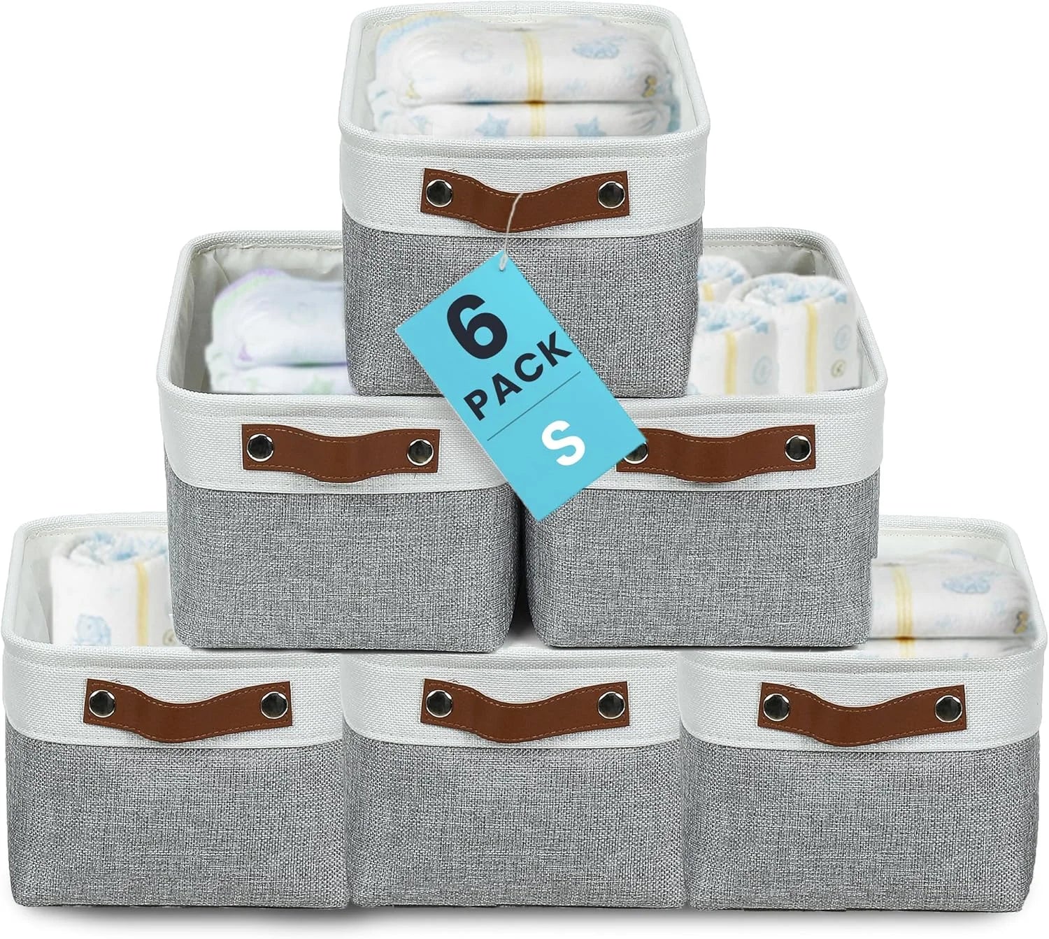 Discount Baskets 3 Pack, Fabric Bins for Shelves, Vegan leather handles - Image 9