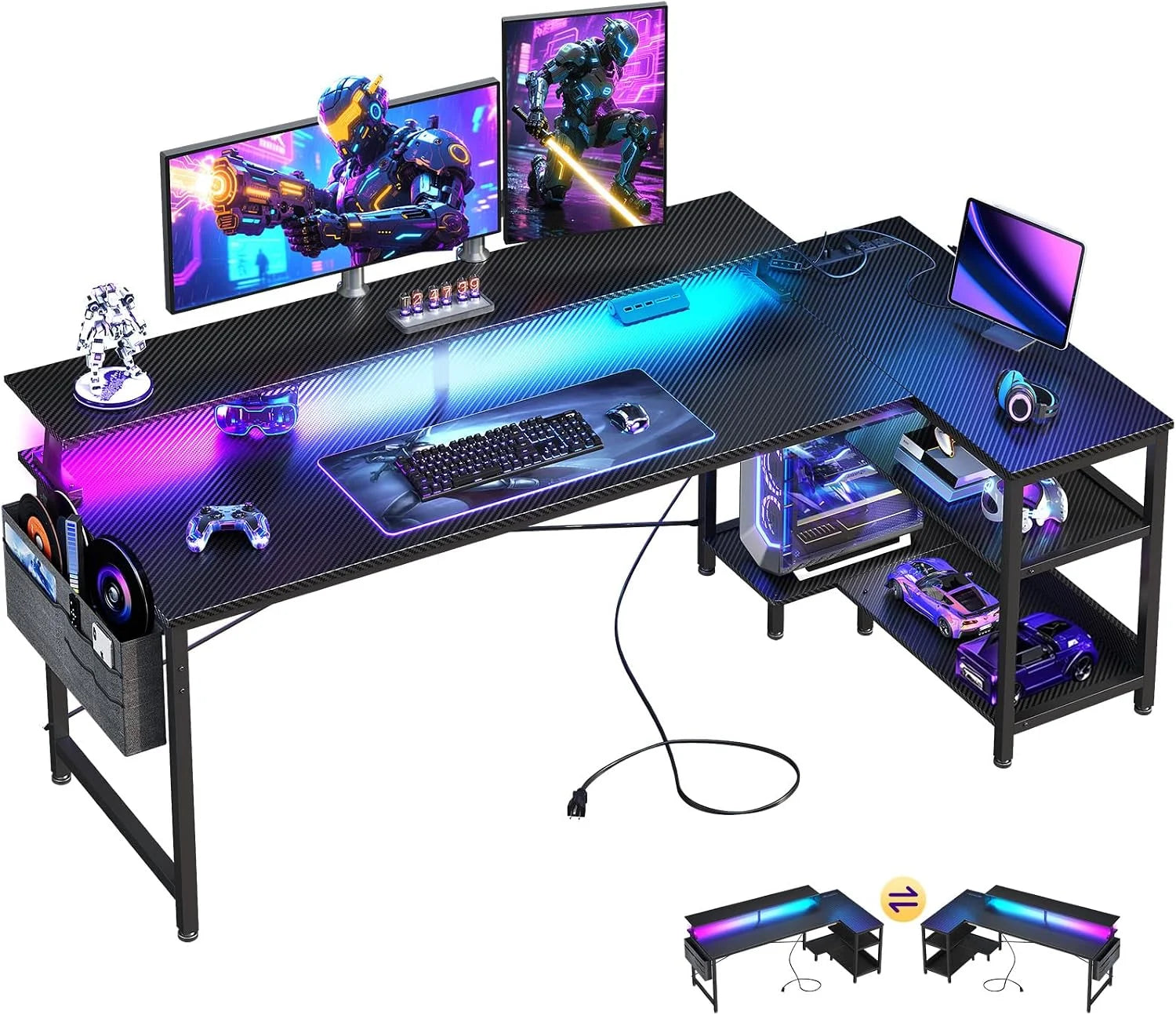 Lumi Discount 48 Inch Gaming Desk with USB Charging Ports and LED Lights, Reversible L Shaped Computer Desk with Storage Shelves - Image 3