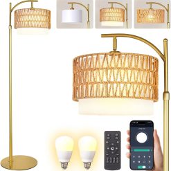 Alternative view of Discount Gold Boho Rattan Floor Lamp w/Remote, Dimmable