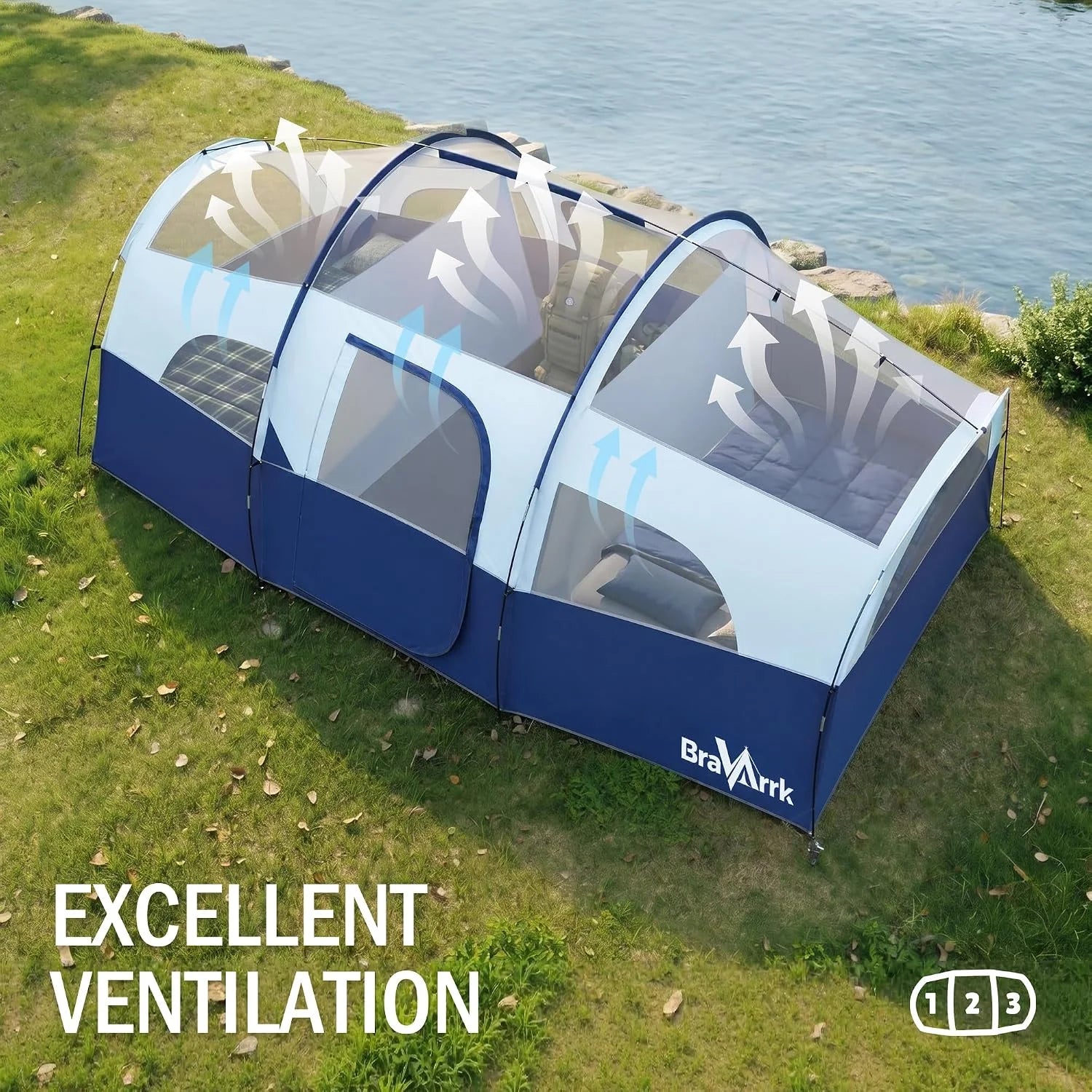 Lumi Discount Camping Tent for 8 Person, PU3000MM Waterproof Family Tent with Rainfly, Large Roomy 3 Room Camping Tents - Image 4