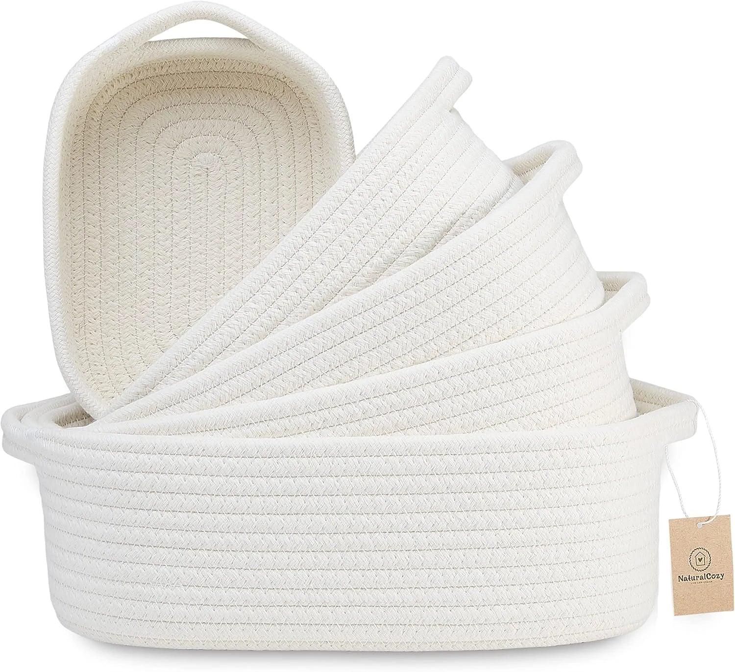 Discount 5-Piece Rectangle Storage Basket Set- Natural Cotton Rope Woven for Organizing! Small Basket - Image 5