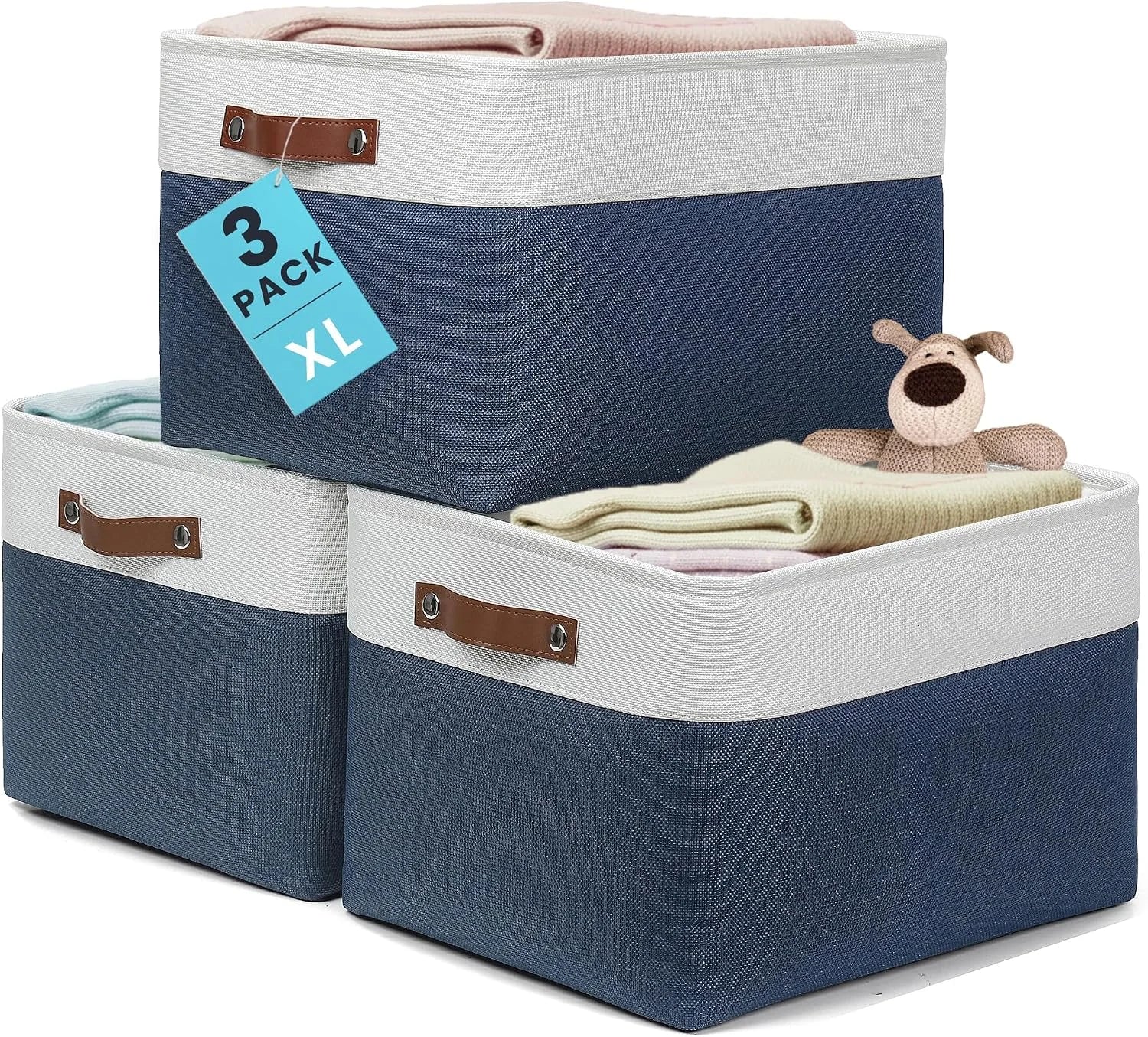 Discount Baskets 3 Pack, Fabric Bins for Shelves, Vegan leather handles - Image 15