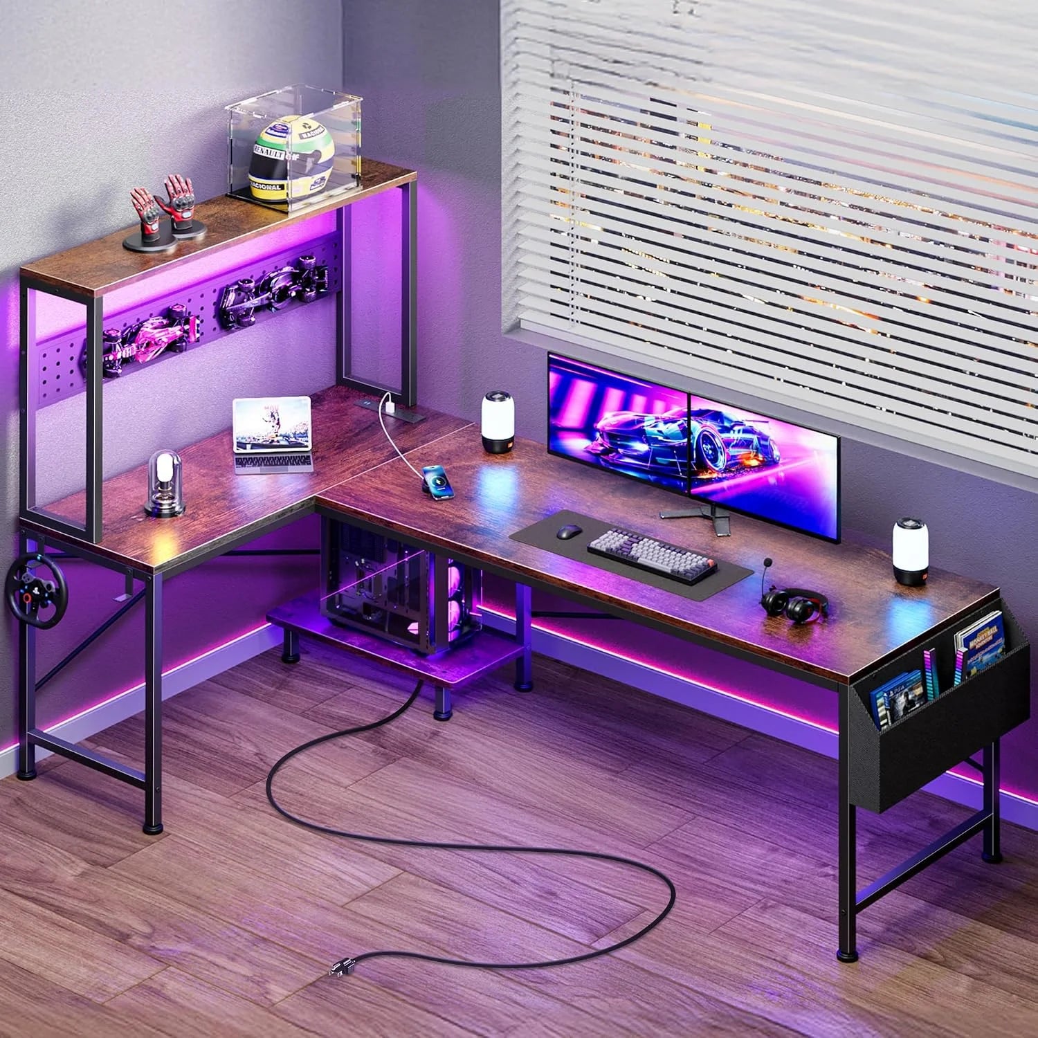 Discount L Shaped Gaming Desk with LED Lights & Power Outlets, Reversible Computer Desk with Storage Shelves & Bag - Image 2